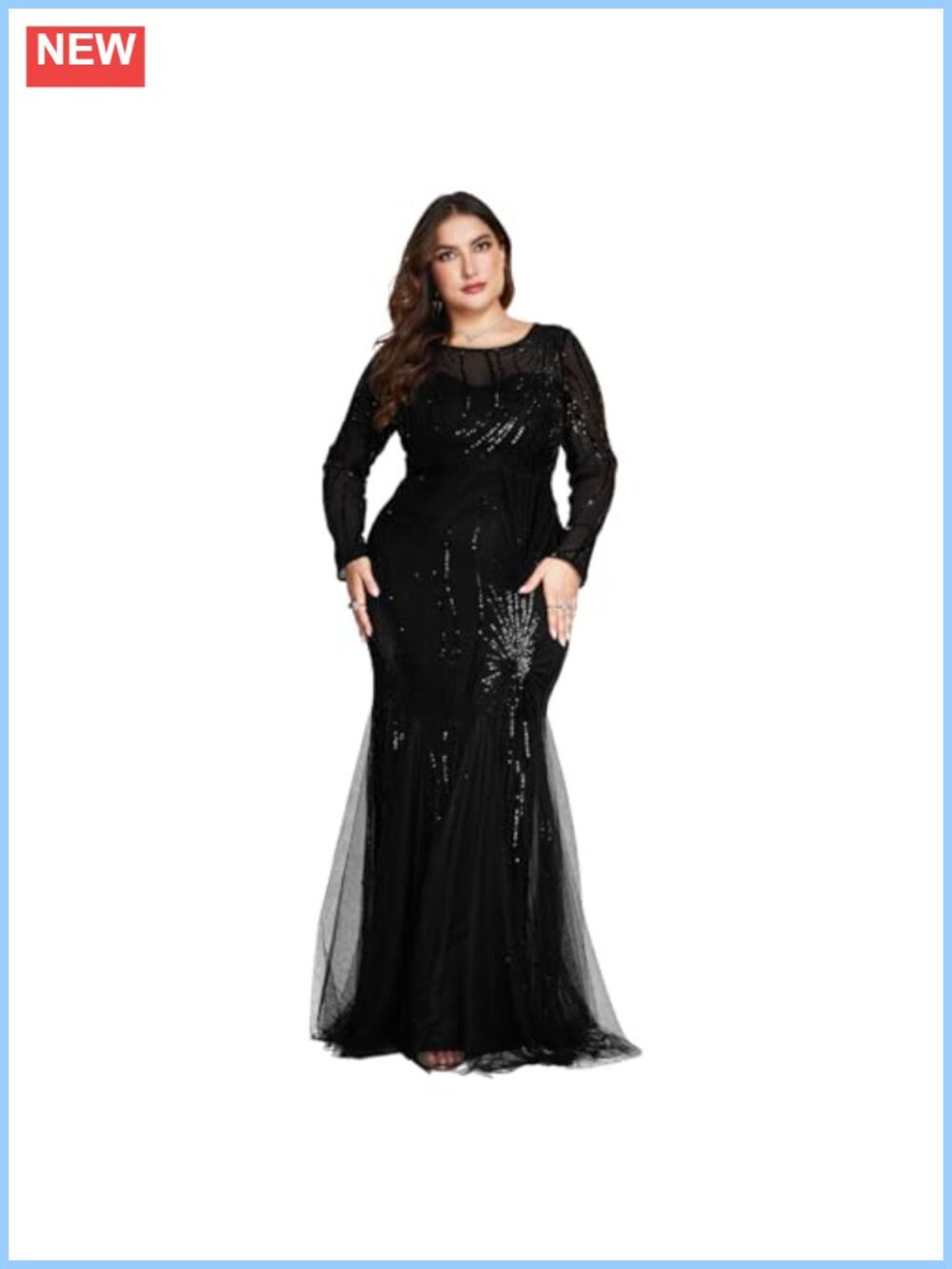 Plus Size Sequin Embroidery Mermaid Maxi Formal Evening Gown Long Sleeve Mesh